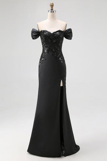 Off The Shoulder Sequin Sheath Blakc Tie Dress With Slit